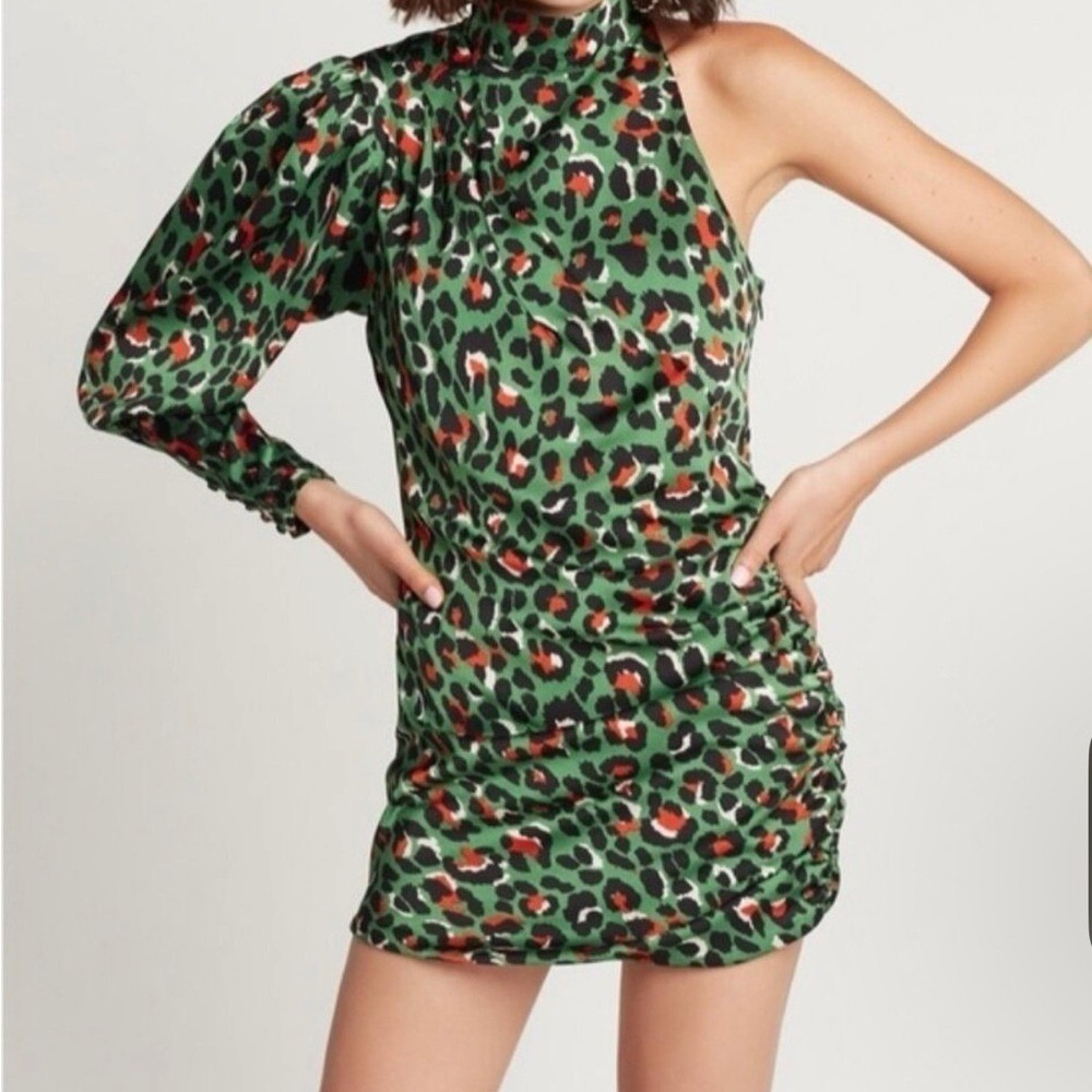 Choosy Green Leopard Print One Shoulder Ruched Mini Dress Size XS Puff Sleeve